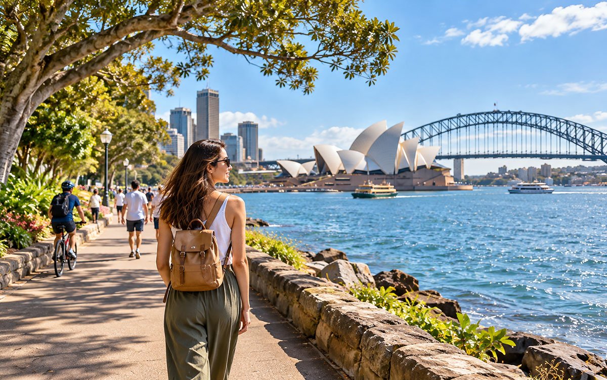 A woman walking along Sydney Harbour with the Sydney Opera House and Sydney Harbour Bridge in the background.