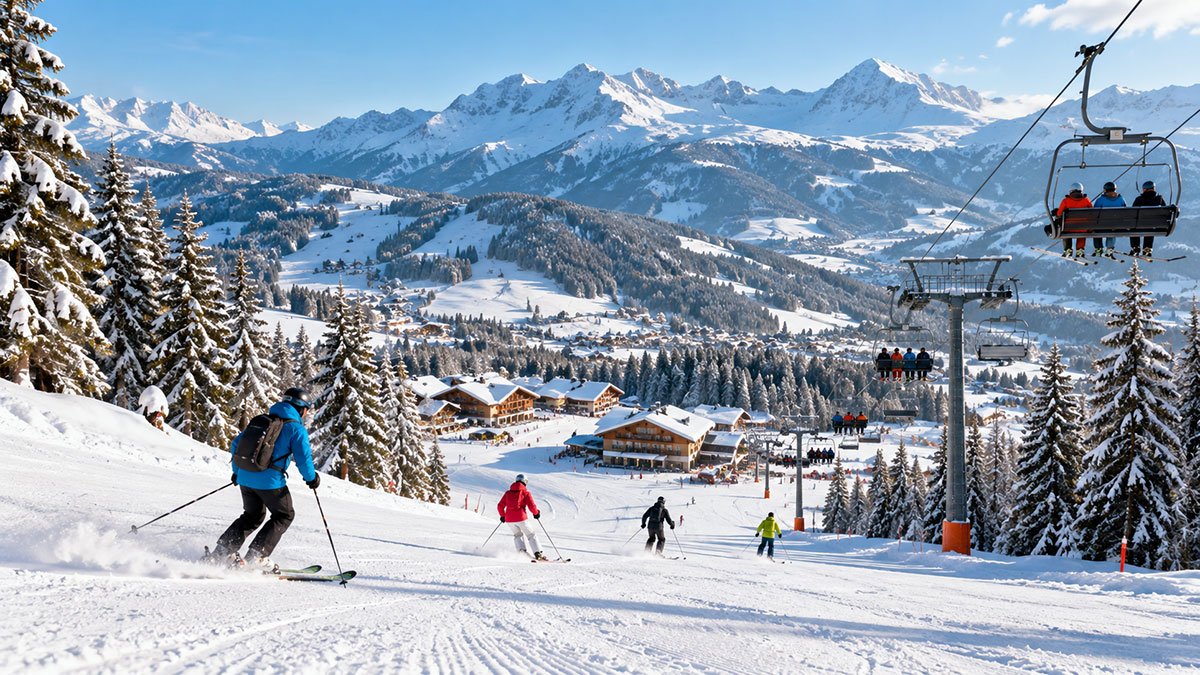 Skiers enjoying snow-covered slopes at a scenic European mountain resort surrounded by evergreen forests and alpine scenery.