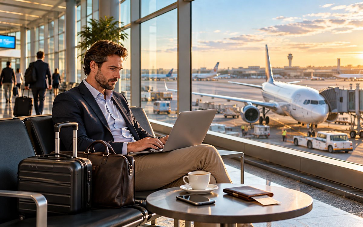 Business traveller reviewing travel documents on a laptop beside a carry-on suitcase at an international airport terminal.