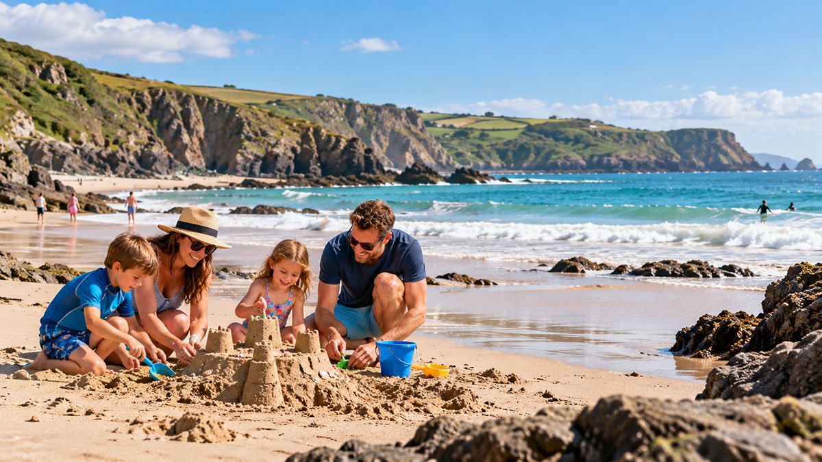 Family building a sandcastle on a sandy beach along the Cornish coast.
