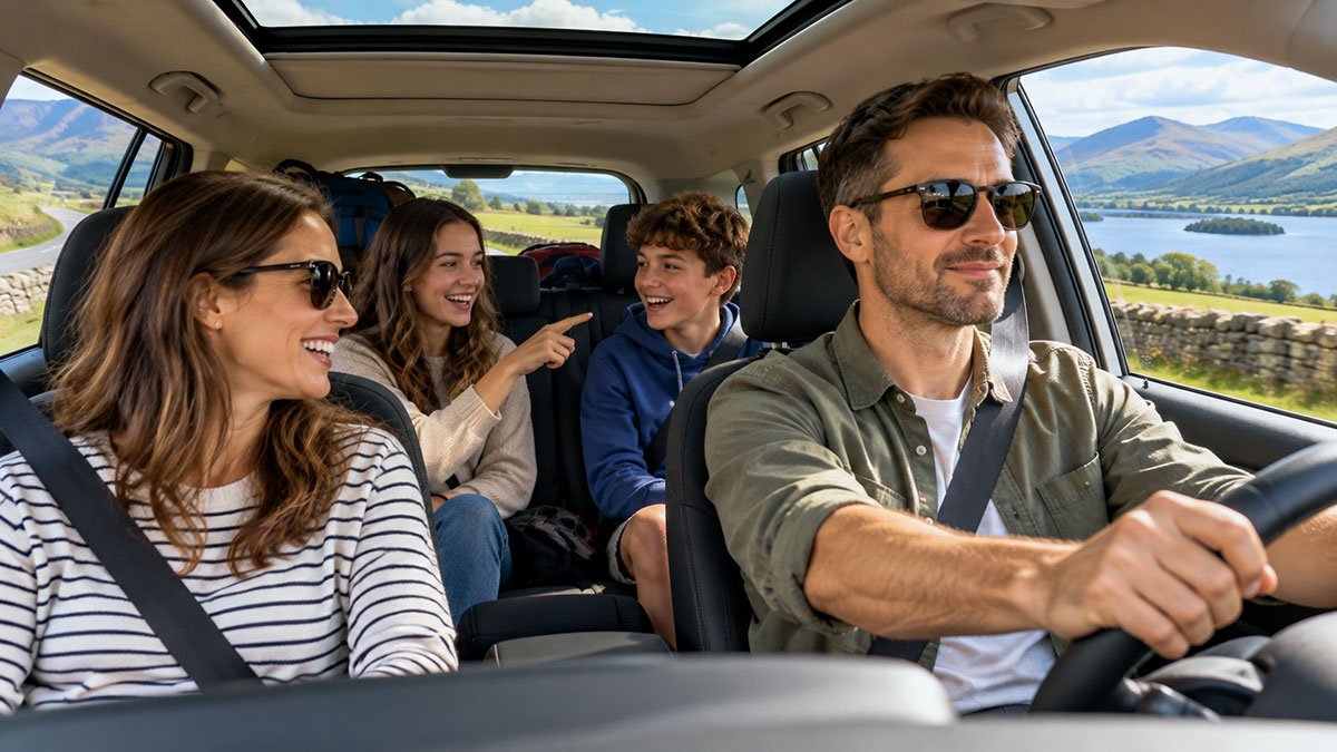 Family enjoying a road trip together as passengers play a guessing game and the driver focuses on the road.