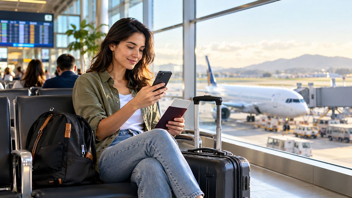 International traveller preparing for a safe overseas trip with a passport, smartphone and carry-on luggage at an airport.