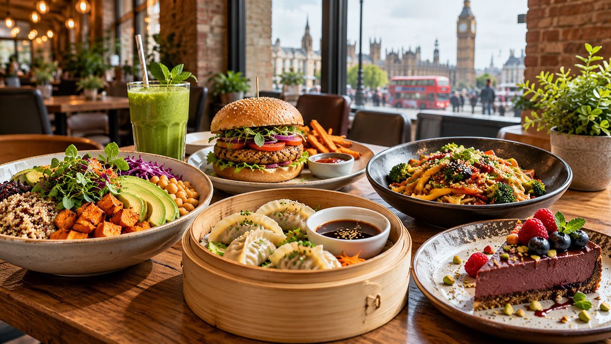 Vegan dishes served at a London restaurant featuring plant-based food and seasonal ingredients.