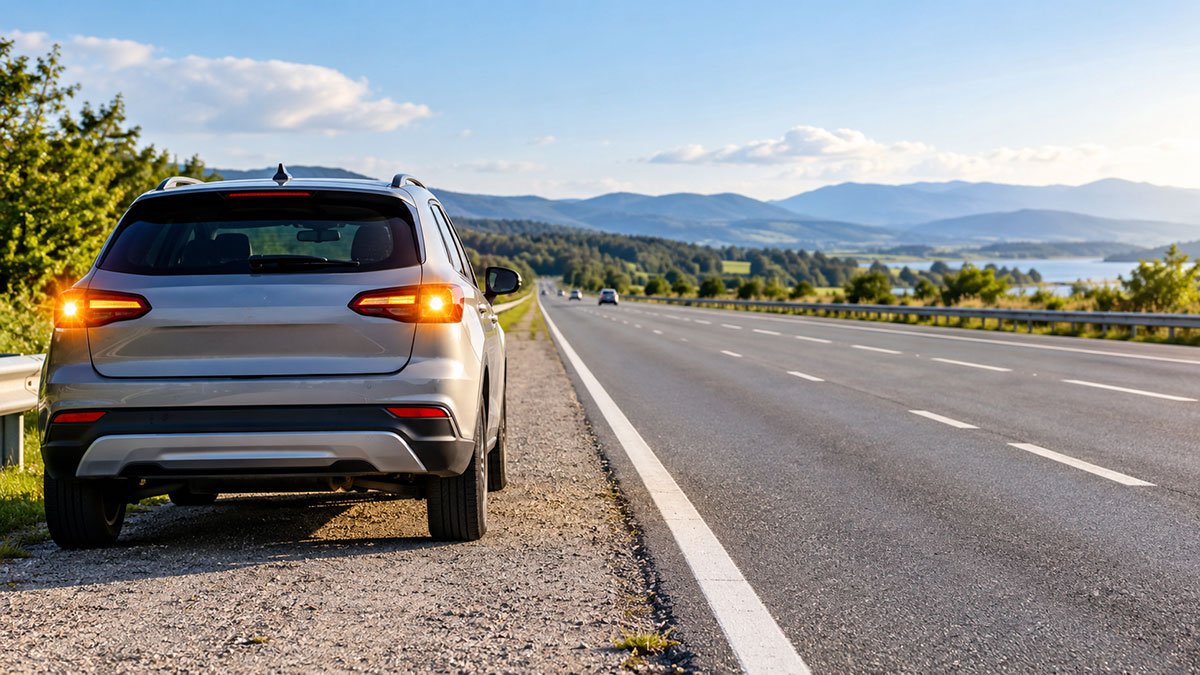 Silver SUV safely stopped on a highway shoulder with hazard lights on.
