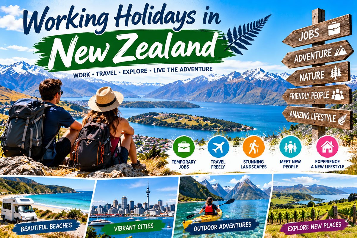 Travellers exploring New Zealand's scenic mountains and lakes during a working holiday