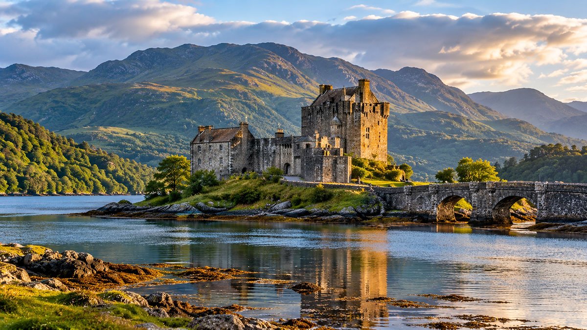 Eilean Donan Castle surrounded by a sea loch, with a stone bridge leading to the historic castle in the Scottish Highlands.