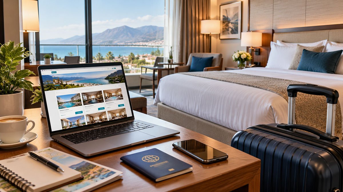 Laptop displaying hotel booking options beside a passport and suitcase in a modern hotel room.