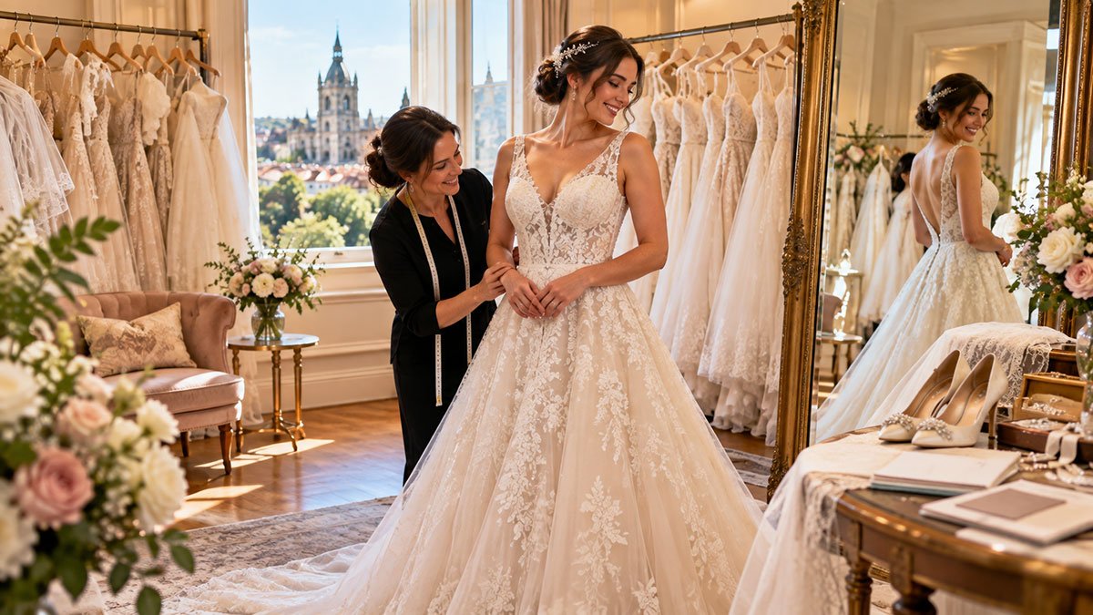Bride trying on an elegant wedding dress at a bridal boutique