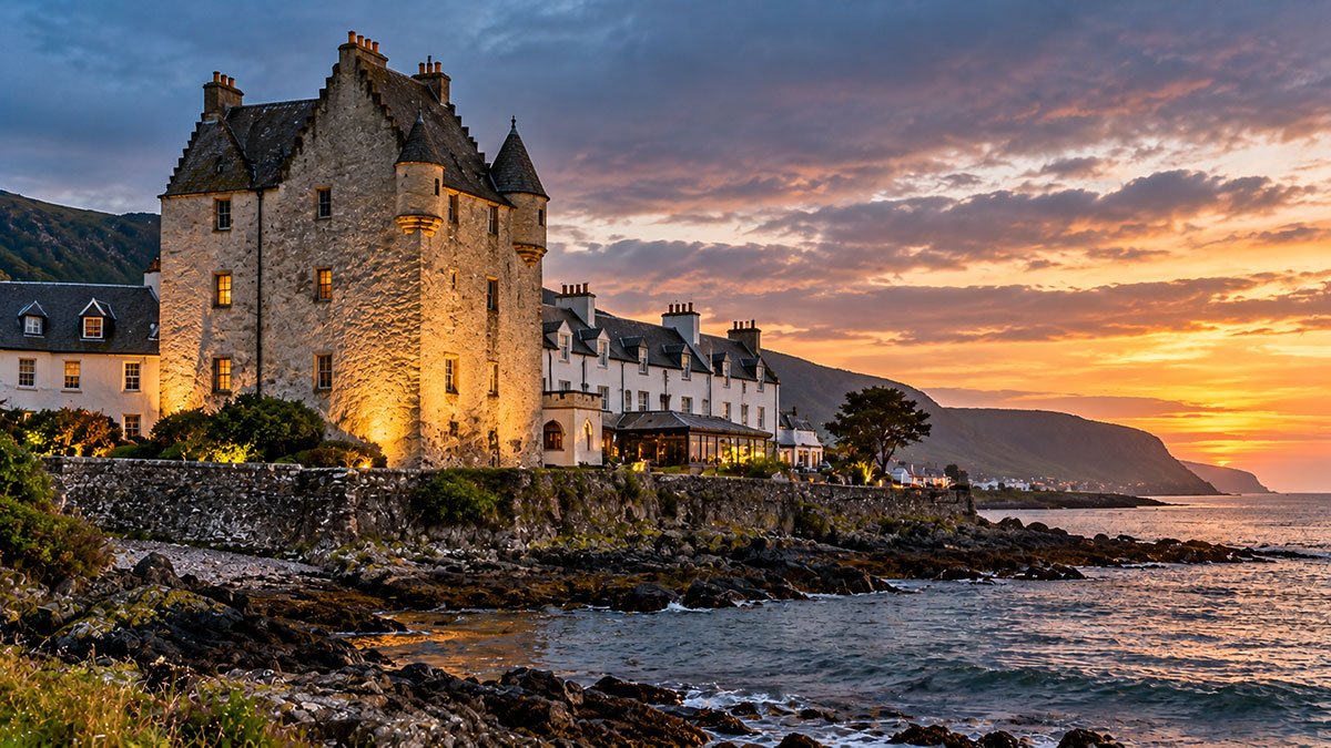 Historic castle hotel beside the rocky Irish coastline at sunset, illustrating the mysterious atmosphere of haunted hotels in Ireland.