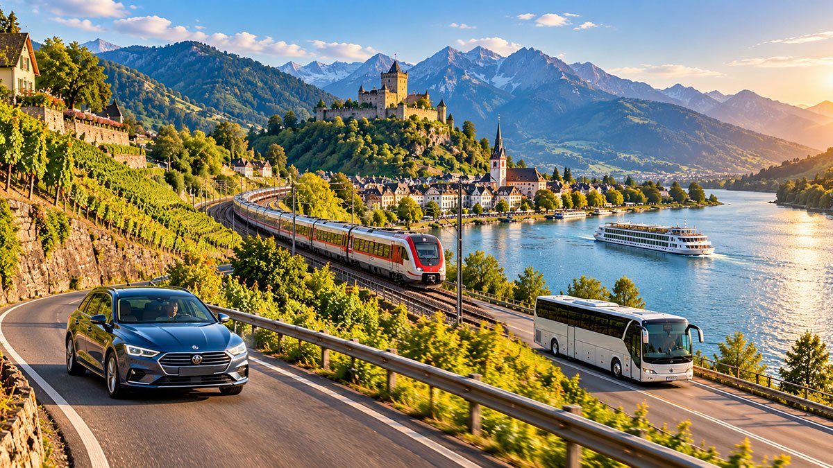 A car, passenger train and coach travelling through a scenic European mountain valley beside a lake, with a historic castle and riverside town.