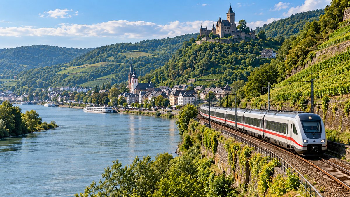 A modern European passenger train travelling beside the Rhine River in Germany, with terraced vineyards, a historic hilltop castle and a traditional riverside town.