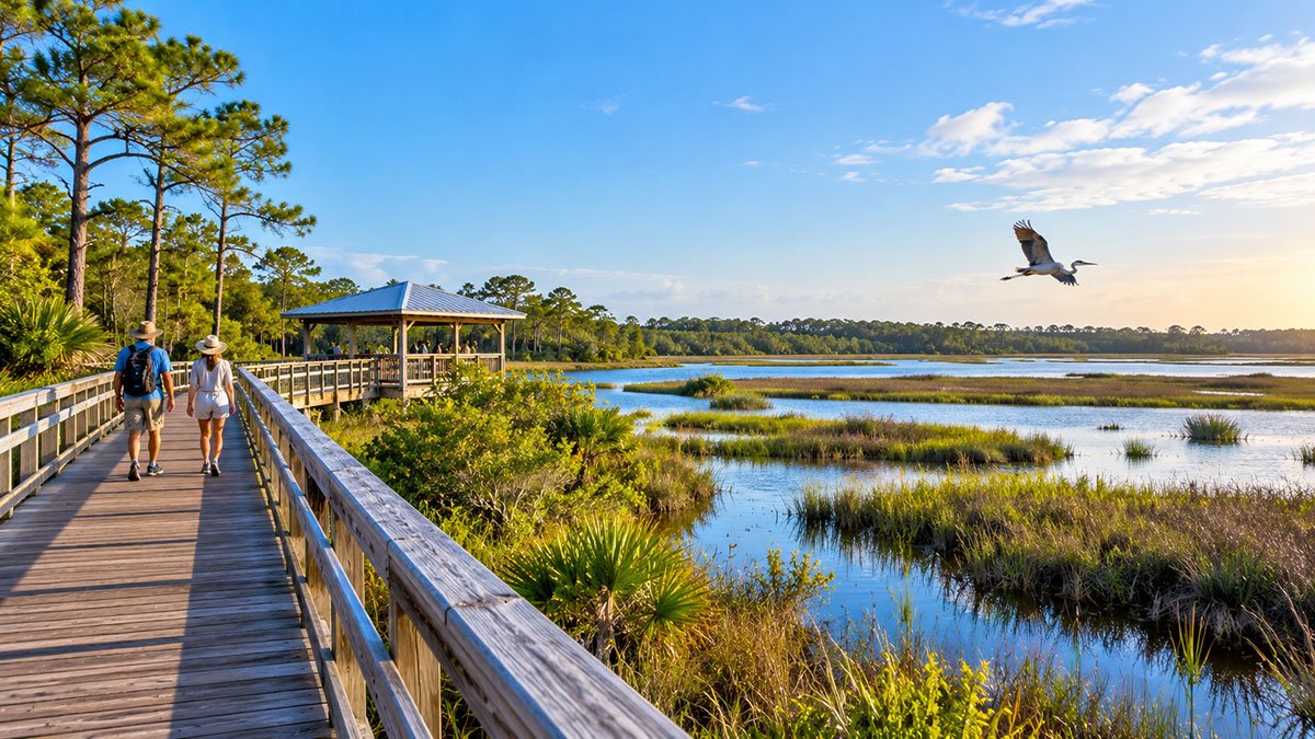 Boardwalk through Bon Secour National Wildlife Refuge wetlands with visitors and coastal wildlife