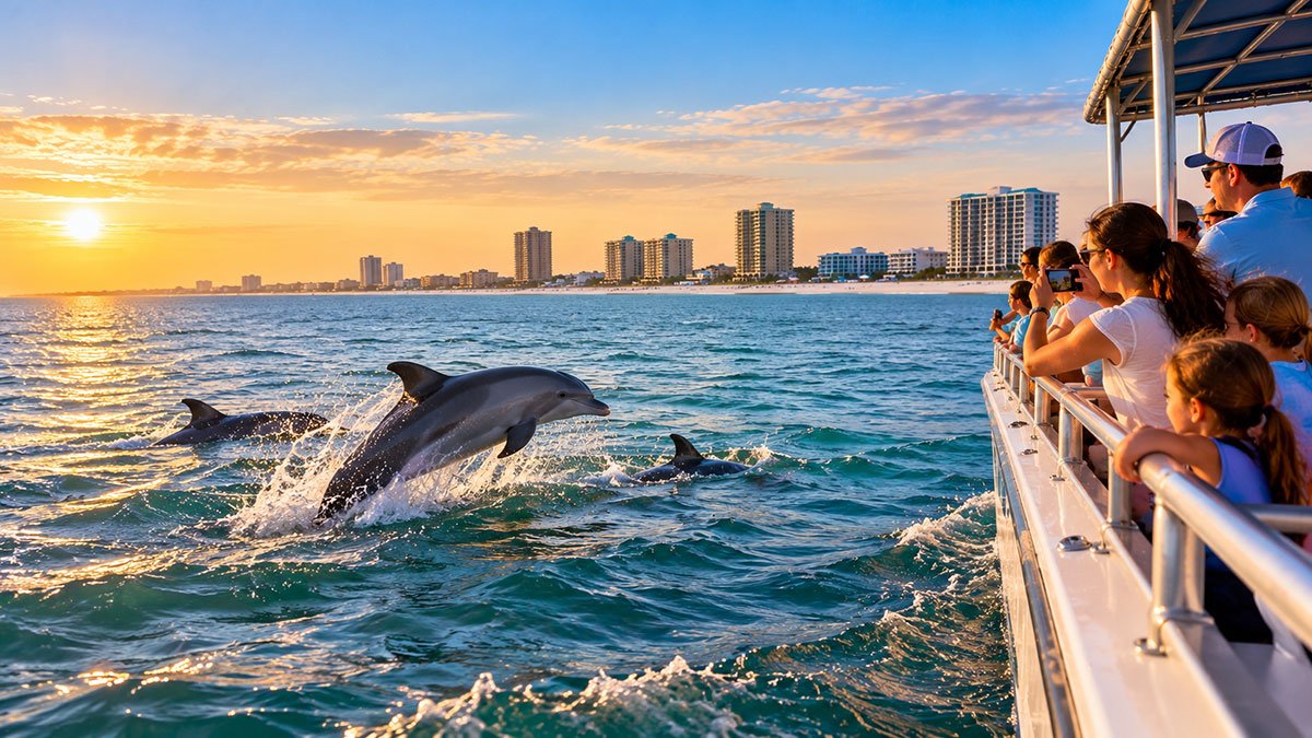 Dolphins swimming beside a sightseeing boat during a Gulf Shores sunset cruise