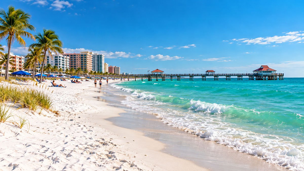 Clearwater Beach, Florida, with white sand, turquoise Gulf of Mexico water and a coastal pier.