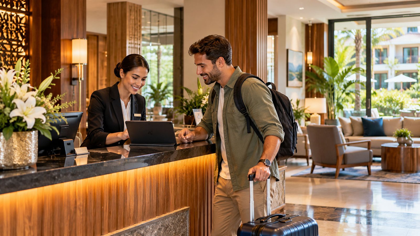 A hotel receptionist assisting a guest with check-in at a modern boutique hotel reception desk.