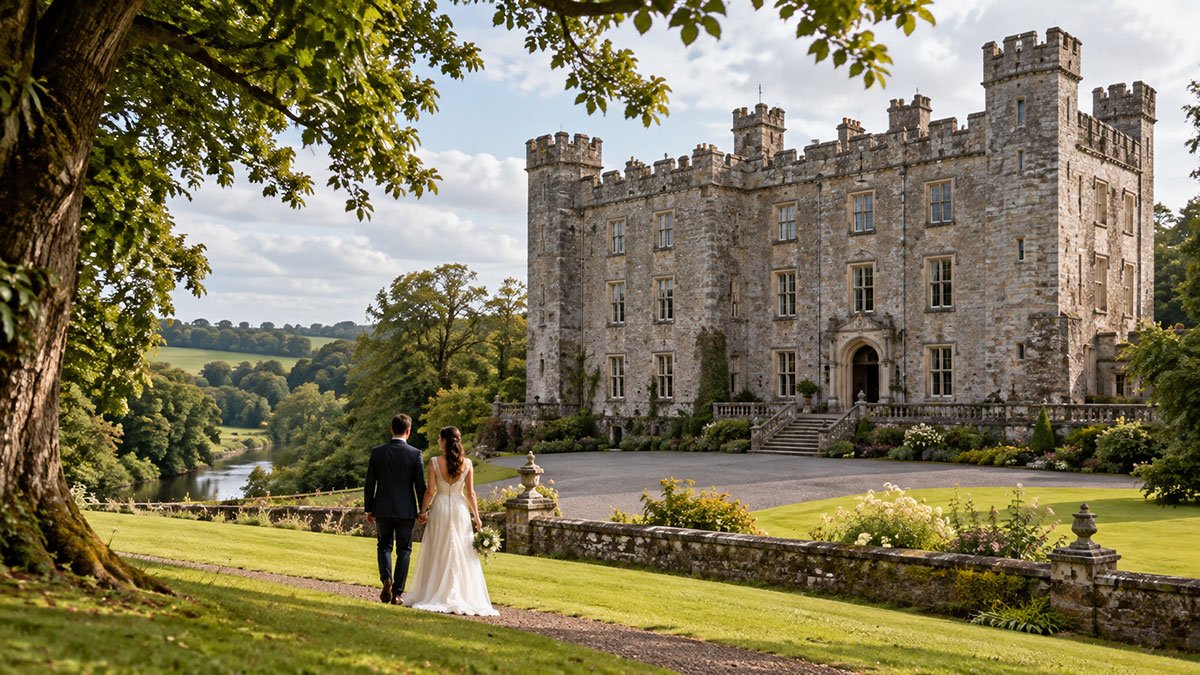 An illustrated Irish castle wedding setting with a bride and groom walking through landscaped grounds.
