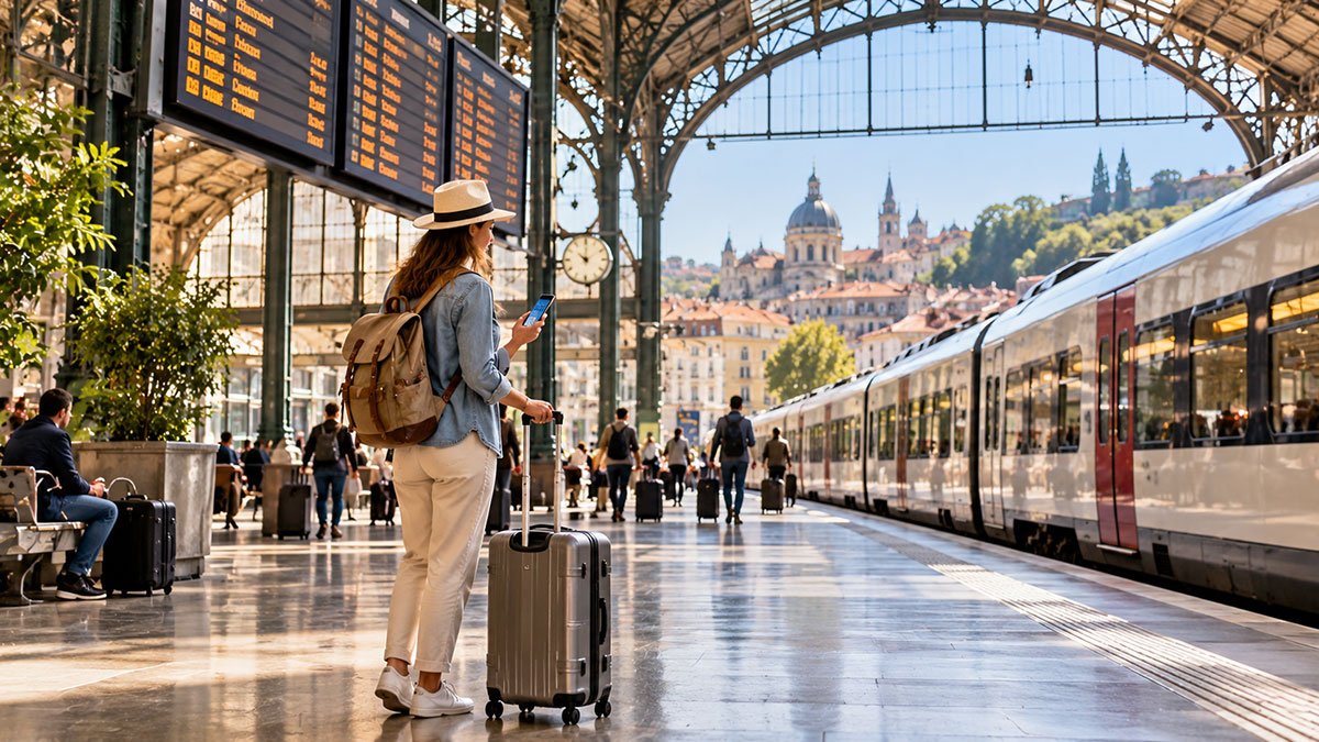 Traveller checking a smartphone beside a suitcase at a European railway station, with a modern passenger train and historic city architecture in the background.