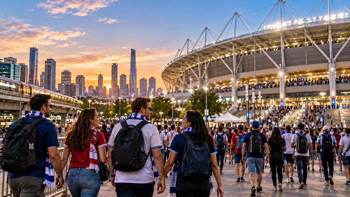 Sports fans traveling to a major sporting event outside a modern stadium