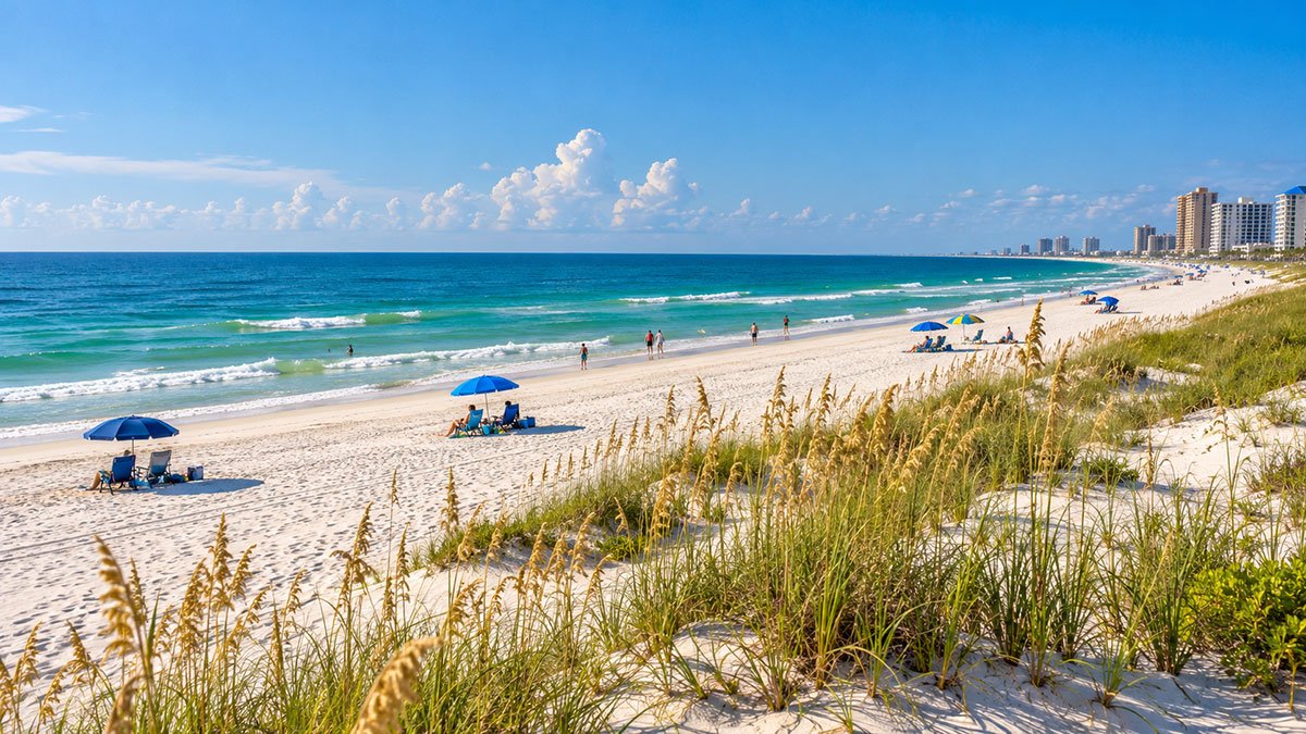 Gulf Shores Alabama beach with white sand and Gulf Coast scenery