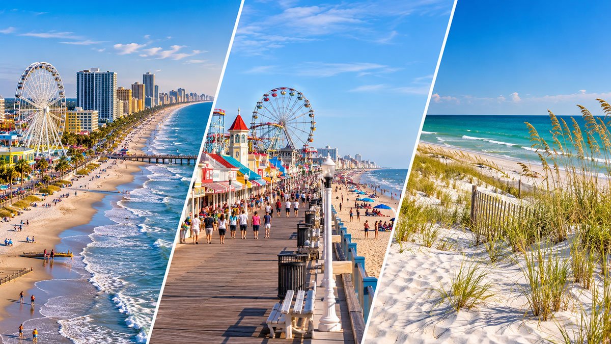 Three beach vacation spots featuring Myrtle Beach's oceanfront skyline, Ocean City's lively boardwalk, and Perdido Key's white-sand dunes and Gulf waters.