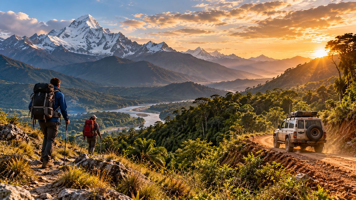 Adventurers exploring a rugged mountain and wilderness landscape