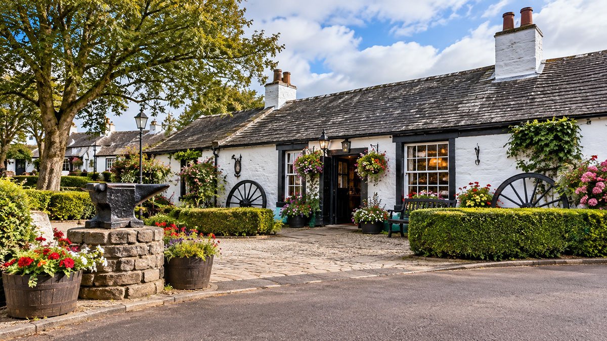 Historic-style blacksmith’s cottage with stone courtyard and flowers in Gretna Green, Scotland