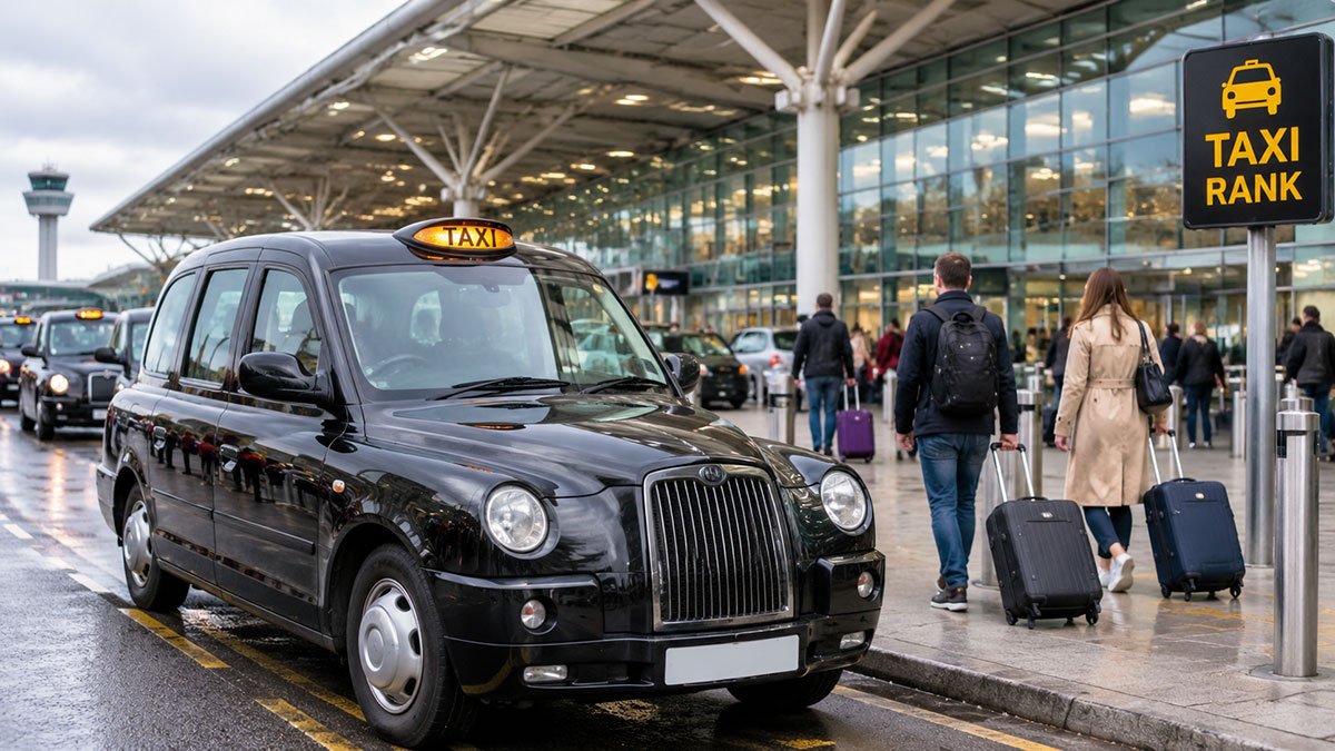 Black London taxi waiting outside an airport terminal as travellers walk with their luggage.