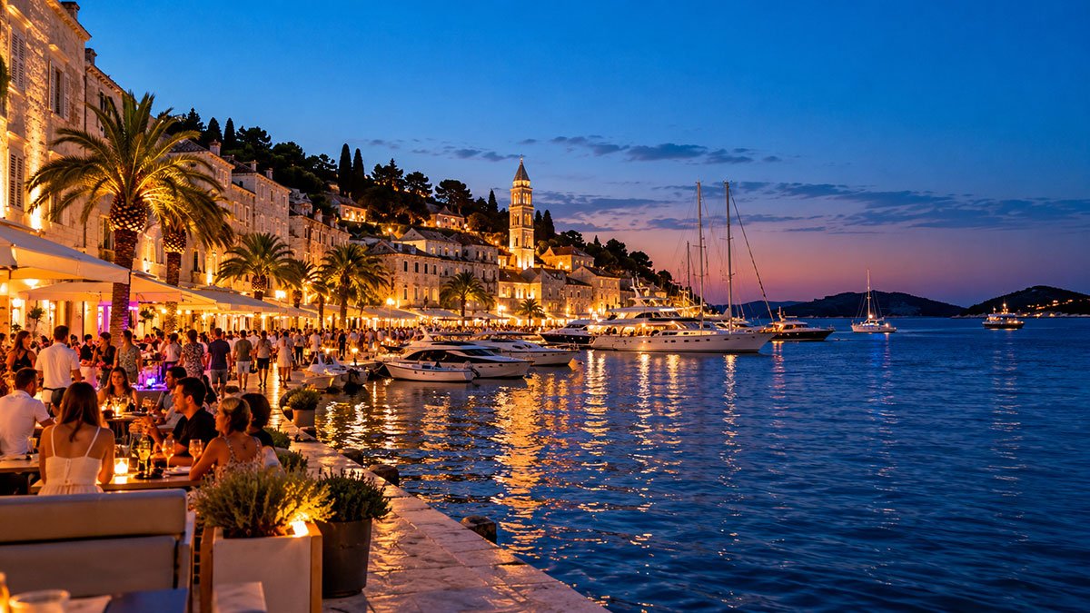 Hvar Town nightlife with illuminated waterfront restaurants, yachts and reflections on the Adriatic Sea at dusk.