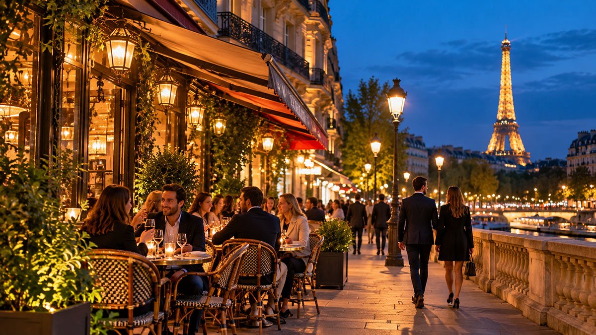 Paris nightlife with an illuminated café terrace, historic buildings and the Eiffel Tower in the evening skyline.
