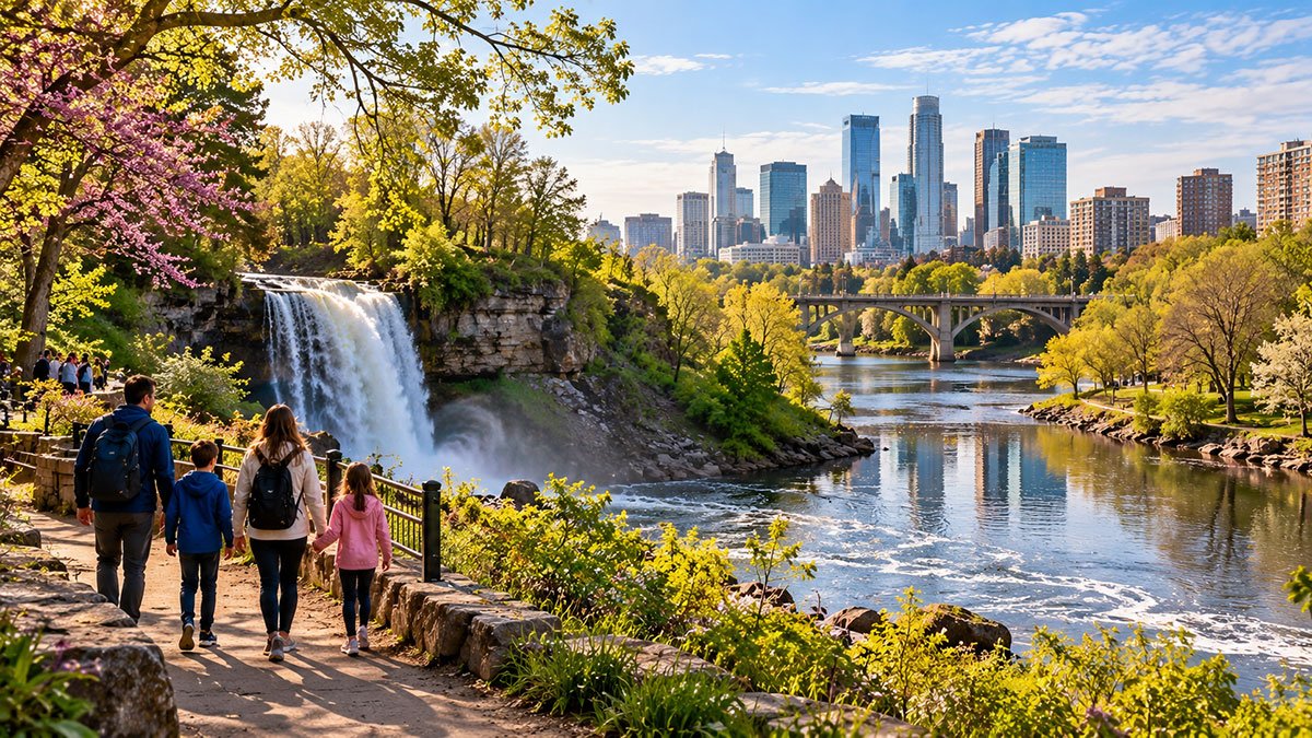 Spring travel in Minnesota with a waterfall, lake and Twin Cities skyline