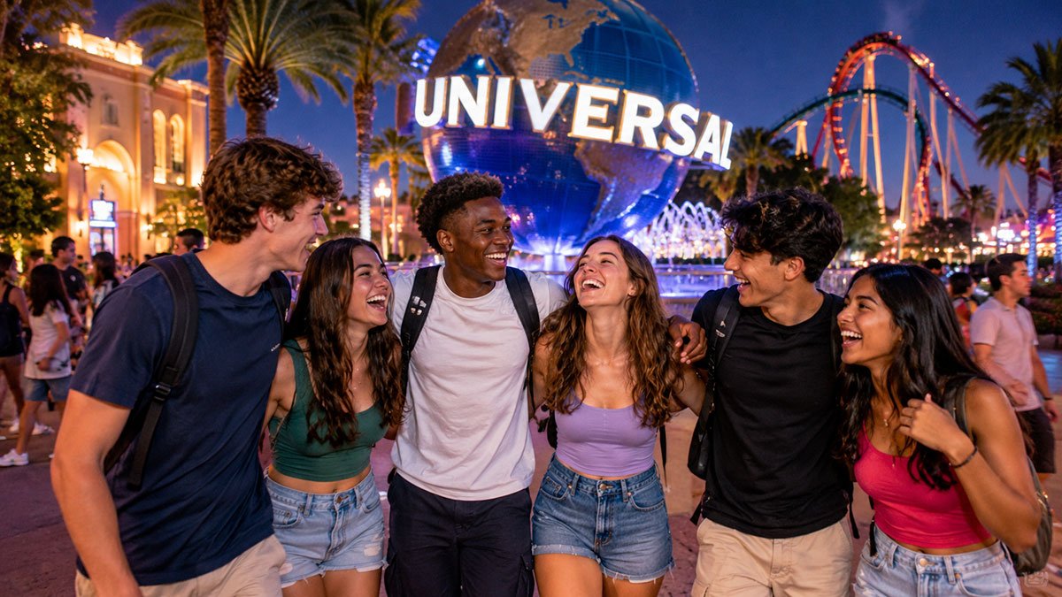 High school students celebrating in front of the illuminated Universal globe at a theme park in Orlando, Florida, at night.