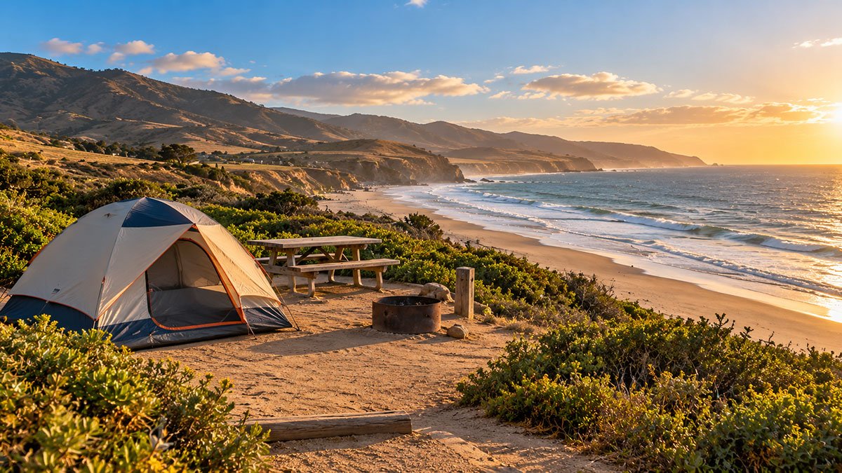 Tent at a coastal campsite overlooking the Pacific Ocean at sunset in California.