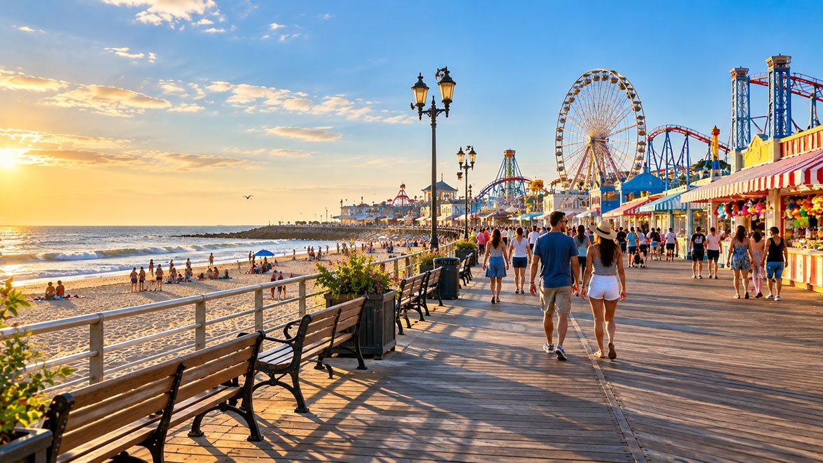 Busy Atlantic beach boardwalk with a Ferris wheel, amusement rides, seaside shops and ocean views.