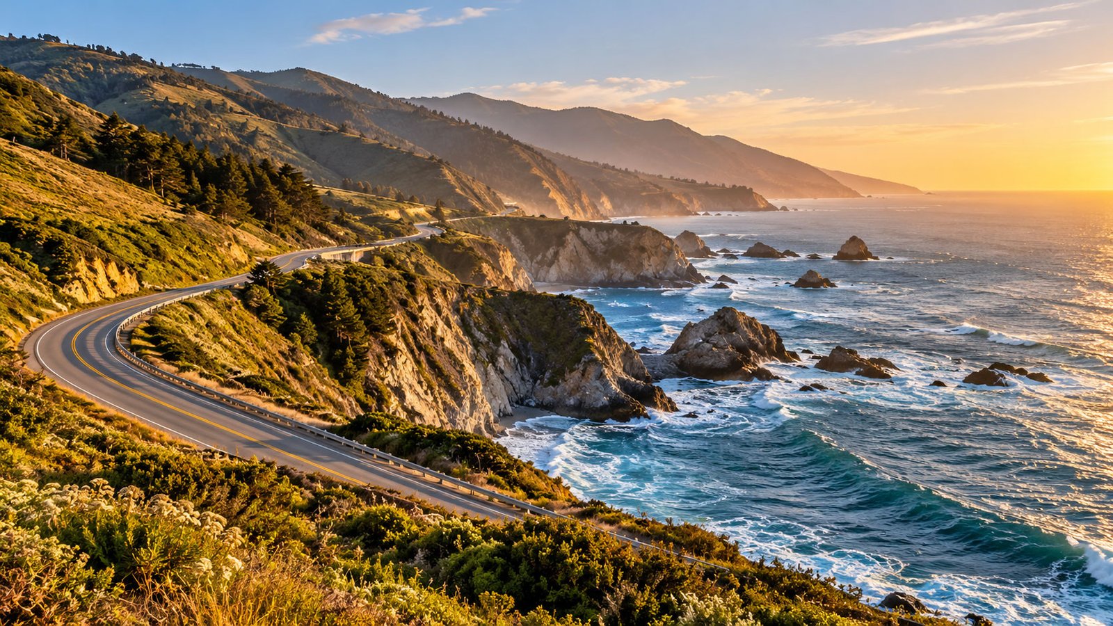 Illustrative view of Highway 1 winding along rugged cliffs above the Pacific Ocean near Big Sur, California, at golden hour.