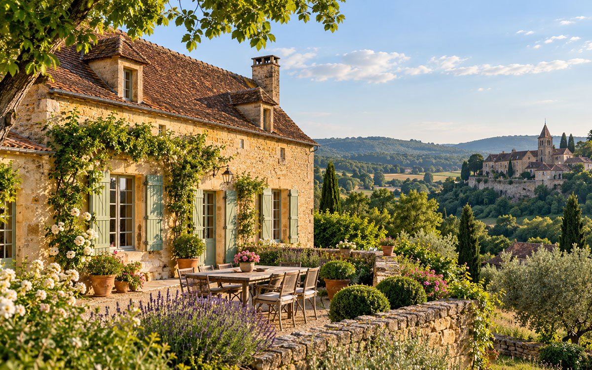 Traditional stone farmhouse surrounded by green countryside in the Dordogne region of southwestern France.