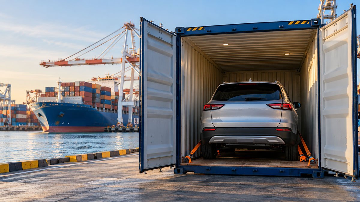 Silver SUV secured inside a shipping container at an international seaport, ready for overseas transport.