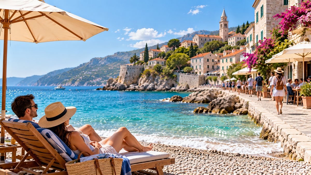 Travelers enjoying a Mediterranean beach and summer sightseeing