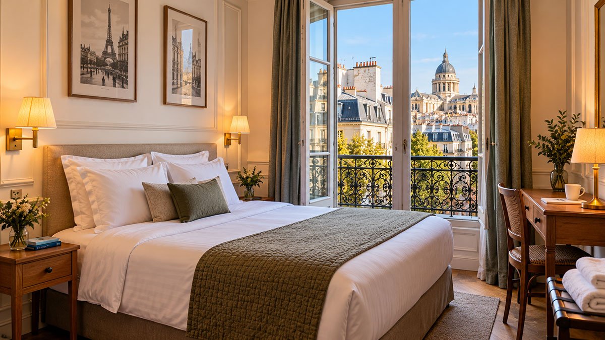 Clean and comfortable Paris hotel room with a neatly made double bed, warm lighting, and a balcony overlooking traditional Parisian rooftops.