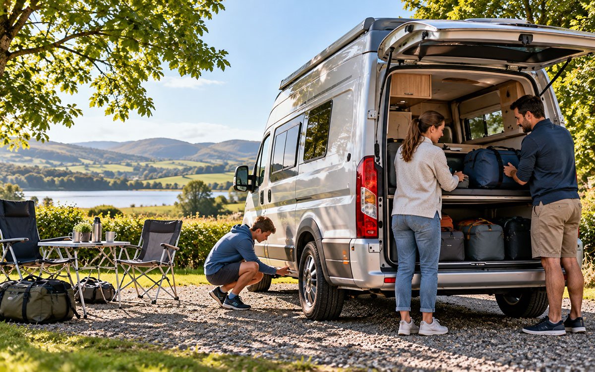 Family preparing luggage and checking a campervan at a scenic British countryside campsite beside a lake.