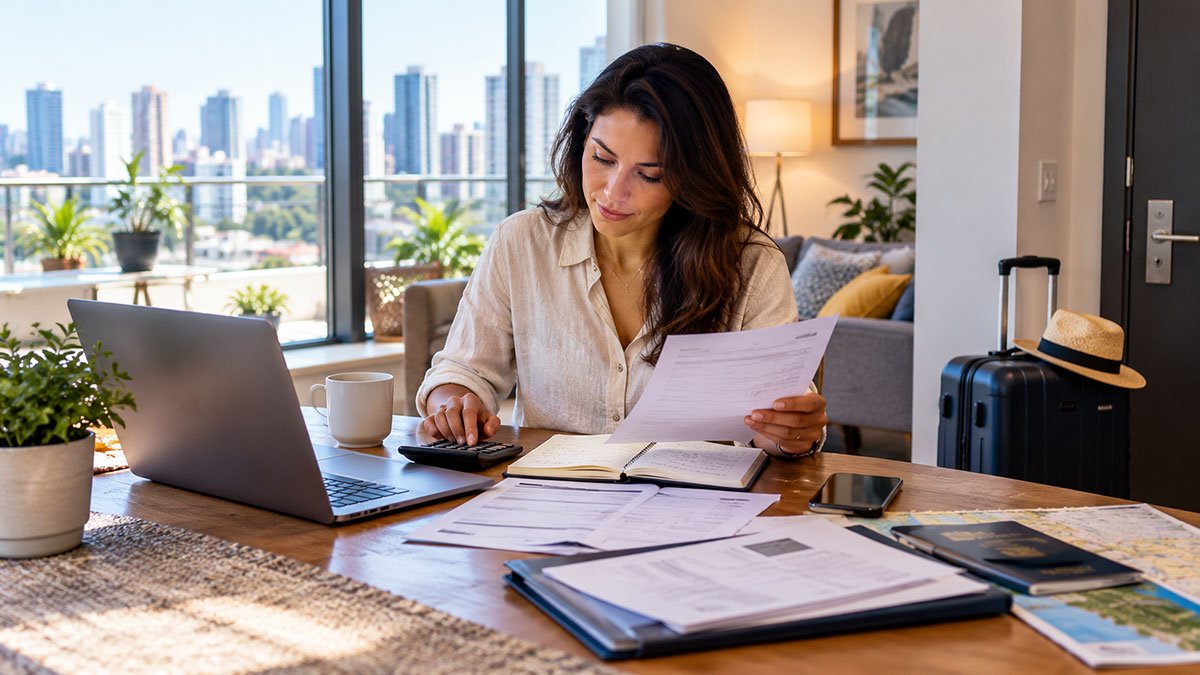 Expat reviewing household expenses and relocation documents in a modern apartment overlooking a city skyline.