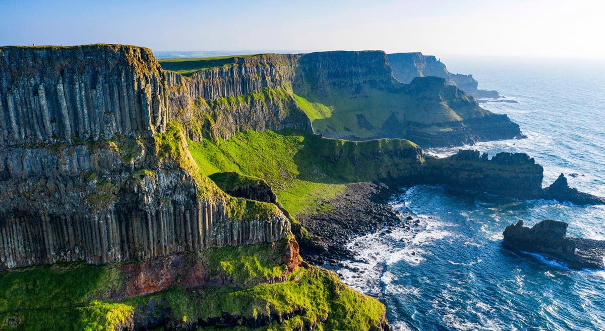 Distinctive hexagonal basalt columns at the Giant's Causeway in Northern Ireland