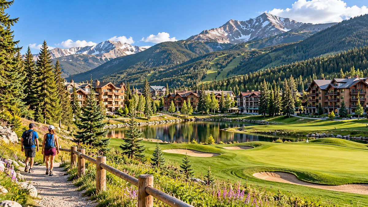Scenic Keystone, Colorado, with a mountain golf course, evergreen forests, alpine peaks and visitors walking along a summer trail.