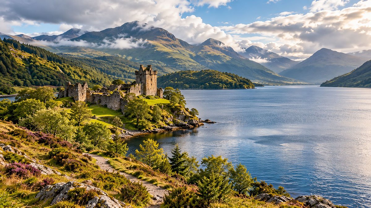Historic stone castle ruins beside a blue loch, surrounded by green Highland mountains and misty peaks in Scotland.