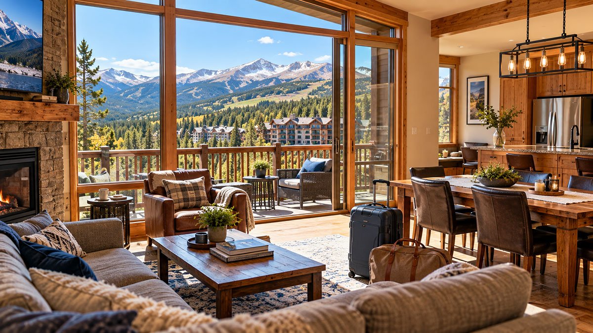Spacious mountain vacation condo in Summit County, Colorado, featuring a wooden interior, balcony and panoramic Rocky Mountain views.
