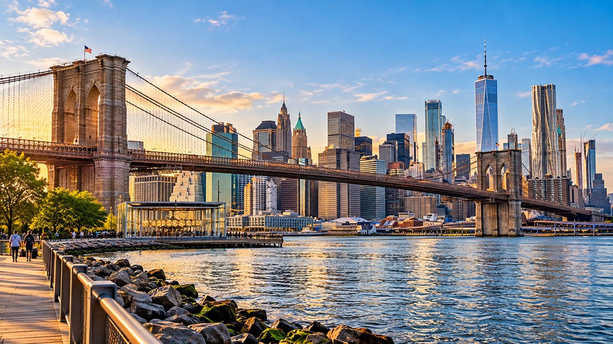 Brooklyn Bridge and Manhattan skyline overlooking the East River in New York City.