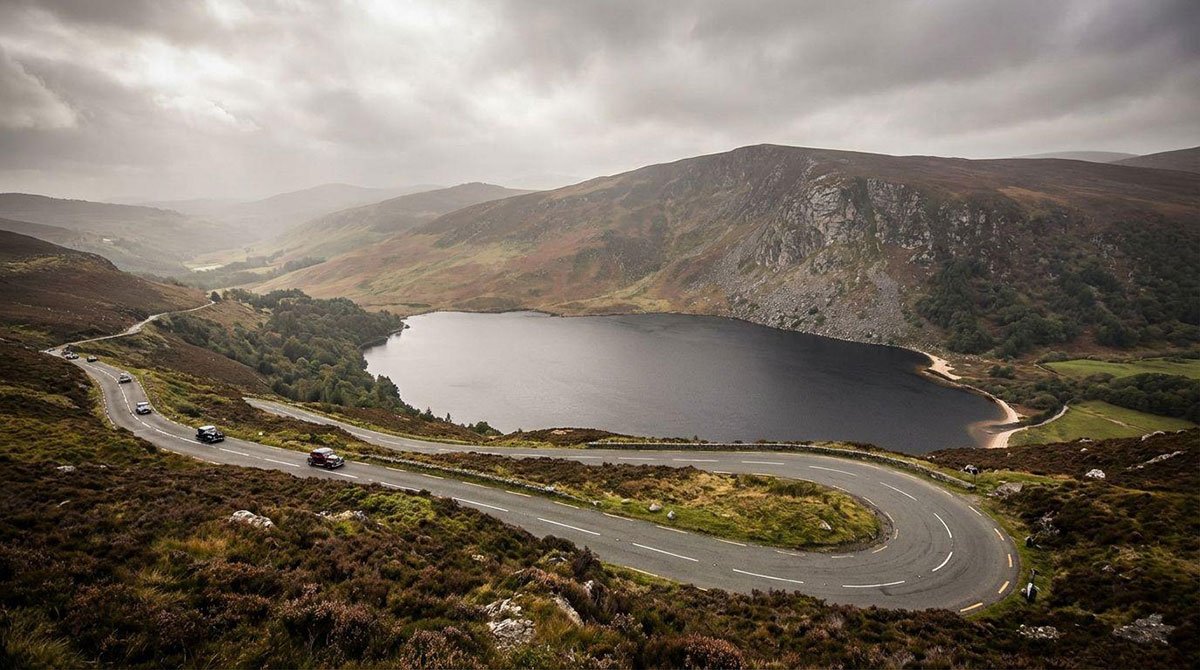 Winding scenic road through the green Wicklow Mountains south of Dublin