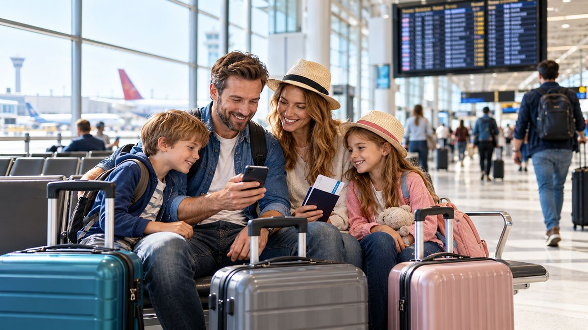 Family preparing for an affordable holiday at an airport with luggage and travel documents.