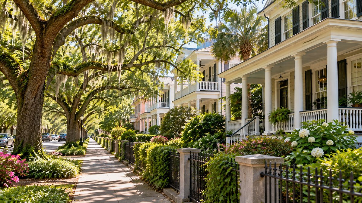 Tree-lined residential street with traditional Southern homes and front porches in Charleston, South Carolina.