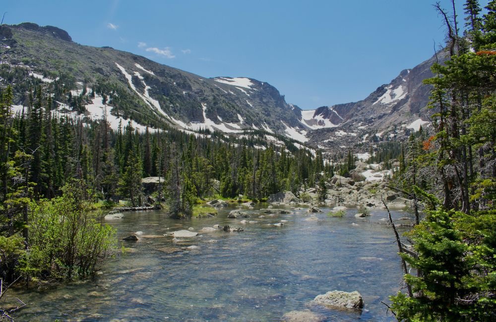 Colorado Rocky Mountains with a blue alpine lake, wildflowers and evergreen forests