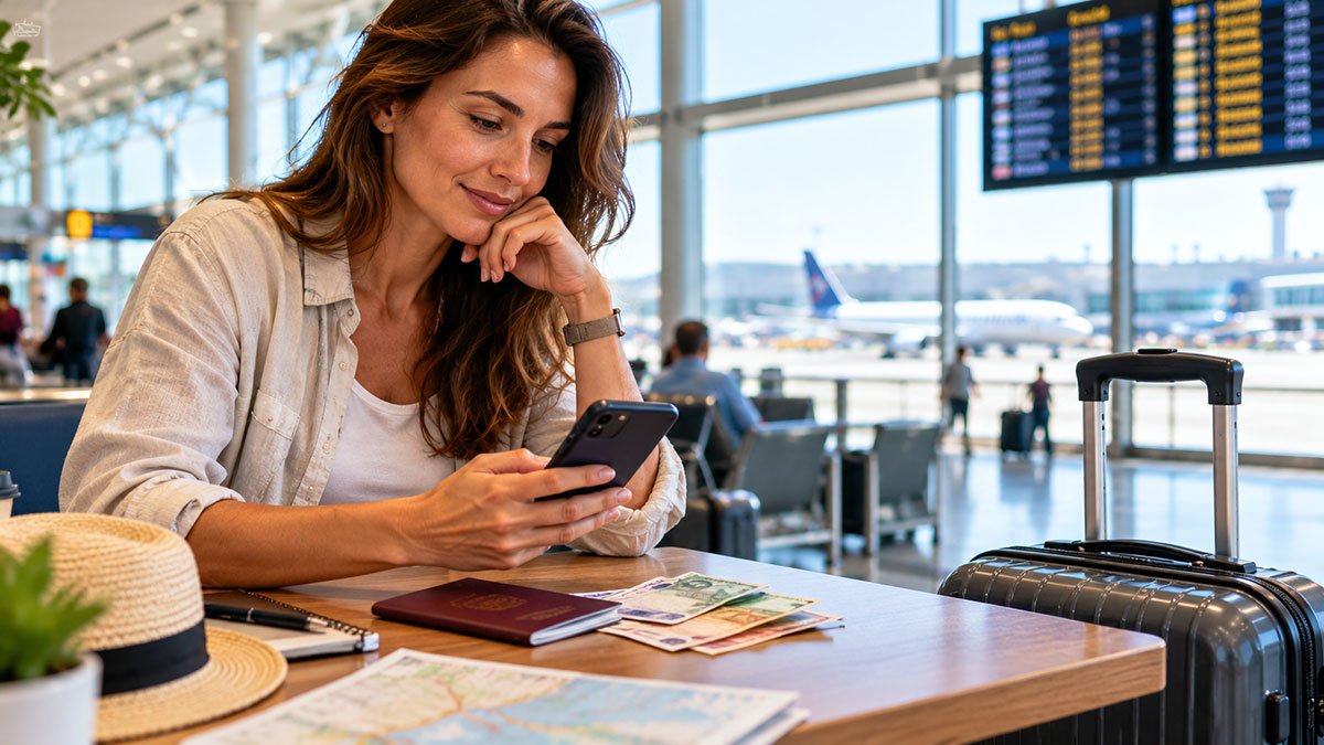 Traveller checking holiday exchange rates on a smartphone beside foreign currency and a passport at an airport.